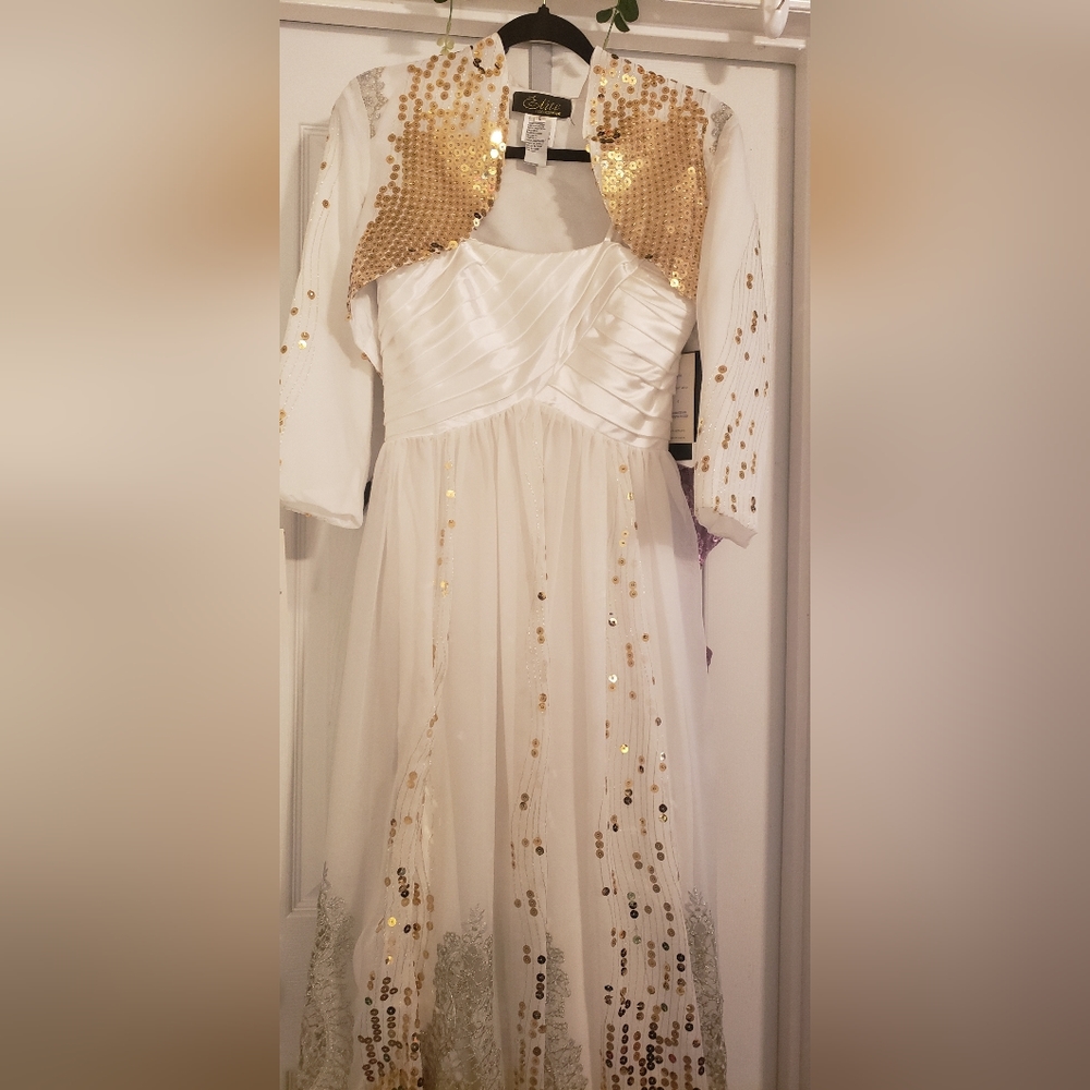 NWT Elite Champagne Gorgeous Ivory Evening Ball Gown, Floor lgth with Bolero Jac